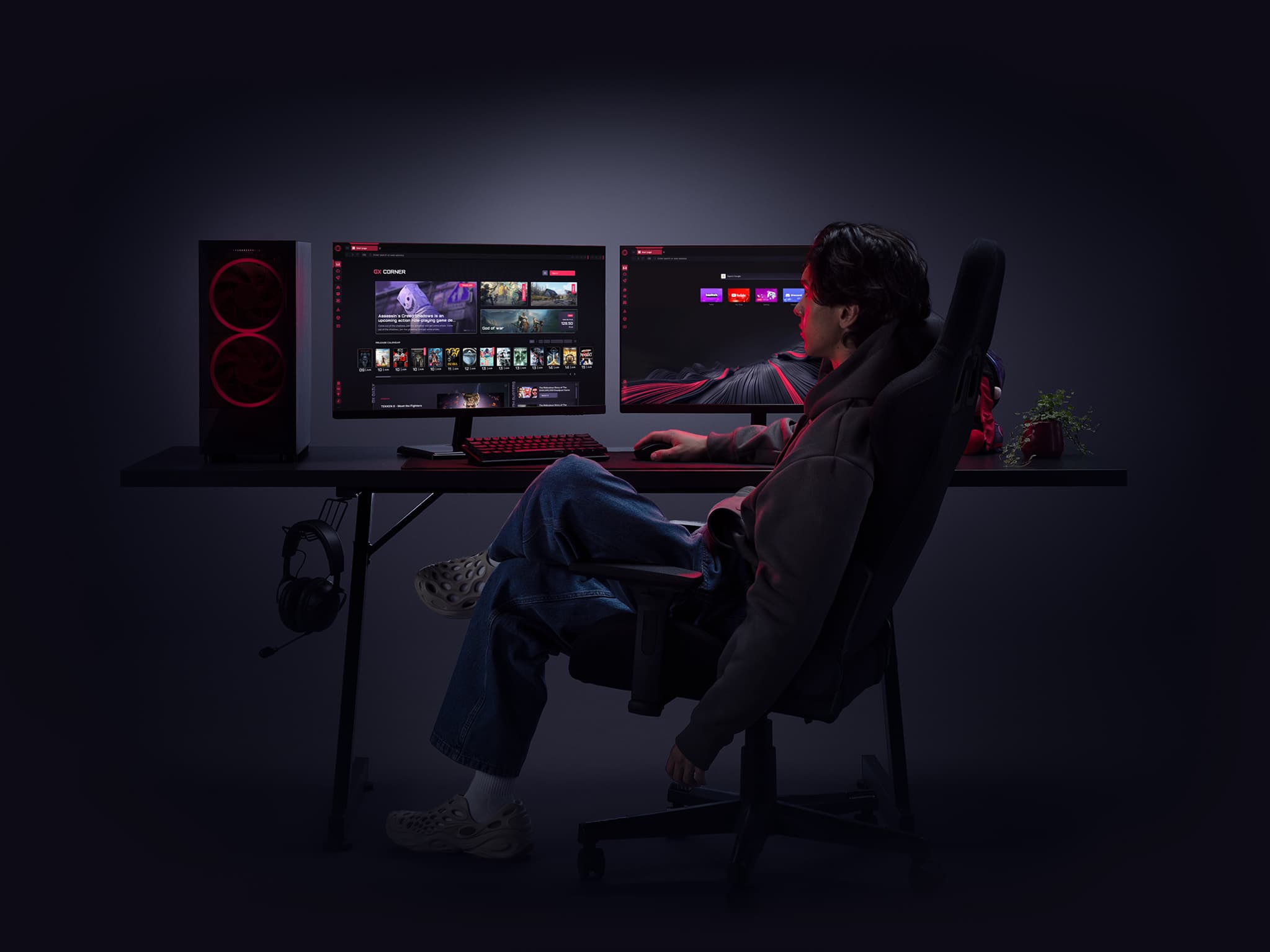 Opera GX gaming browser running on a dual-monitor desk setup, with the GX Corner game hub open