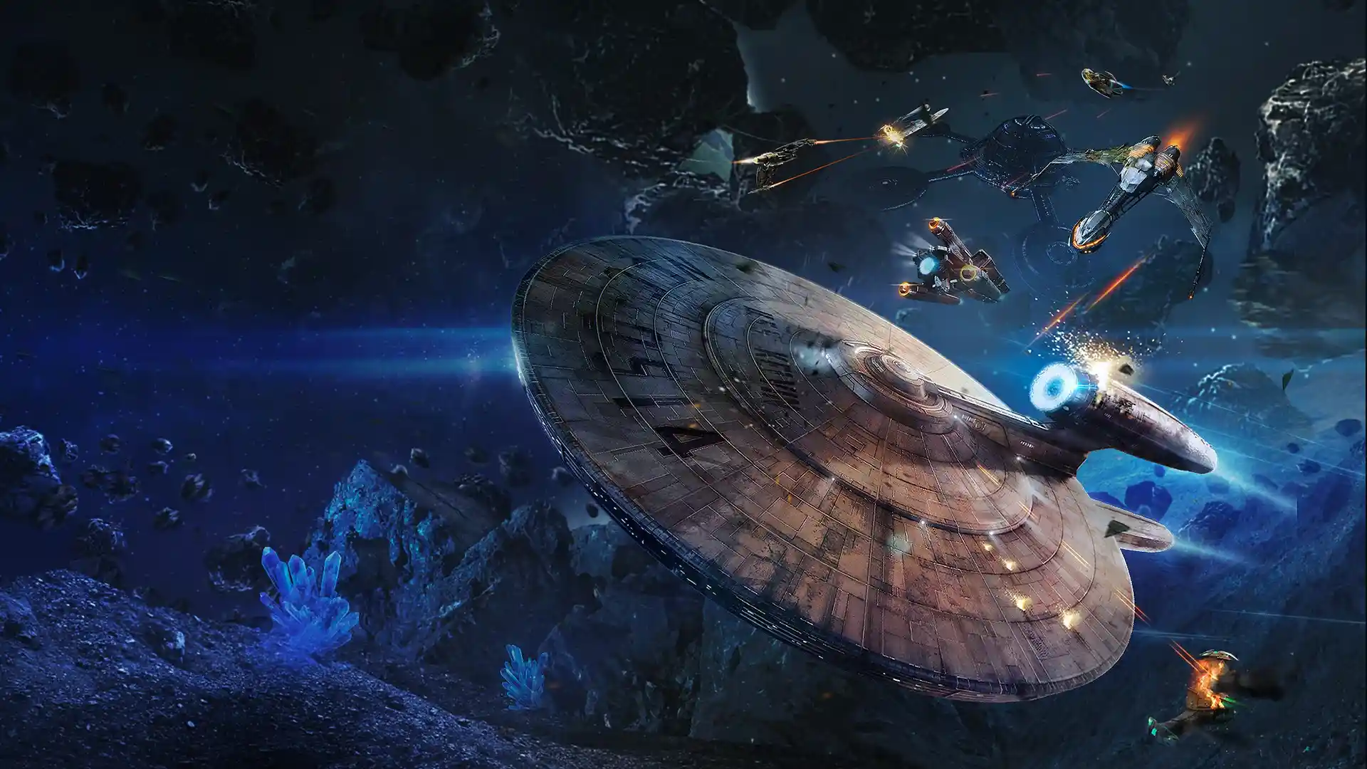 Star Trek Fleet Command homepage hero background with starships in space